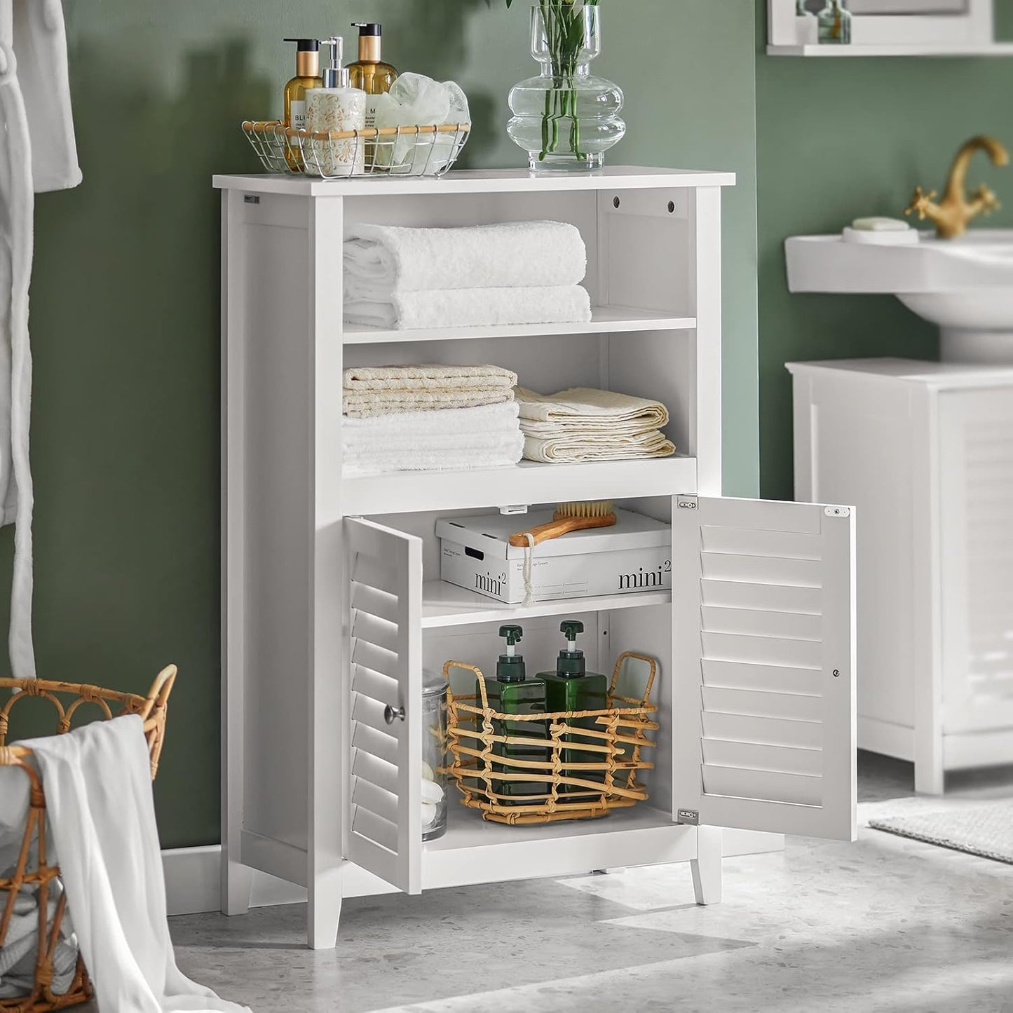 Bathroom Cabinet with Two Shelves and Doors, Chest of Drawers for Bathroom, Sideboard, Hallway Cabinet, Bathroom Furniture, White, W x H x D: 60 x 90 x 26 cm