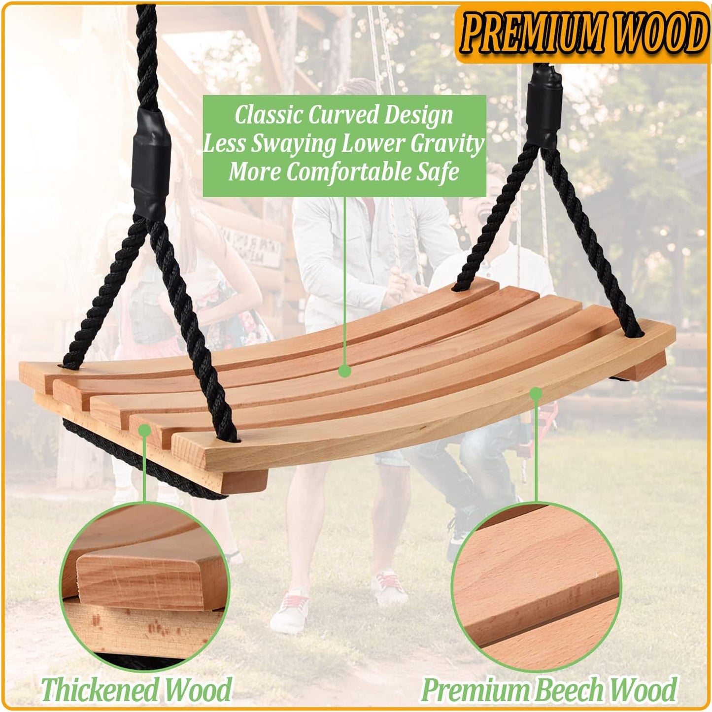 Taeku Wooden Swing, Adult Board Swing, Playground, Garden Swing, Children's Swing with Height-Adjustable Rope for Indoor and Outdoor Use (56 x 25 cm)