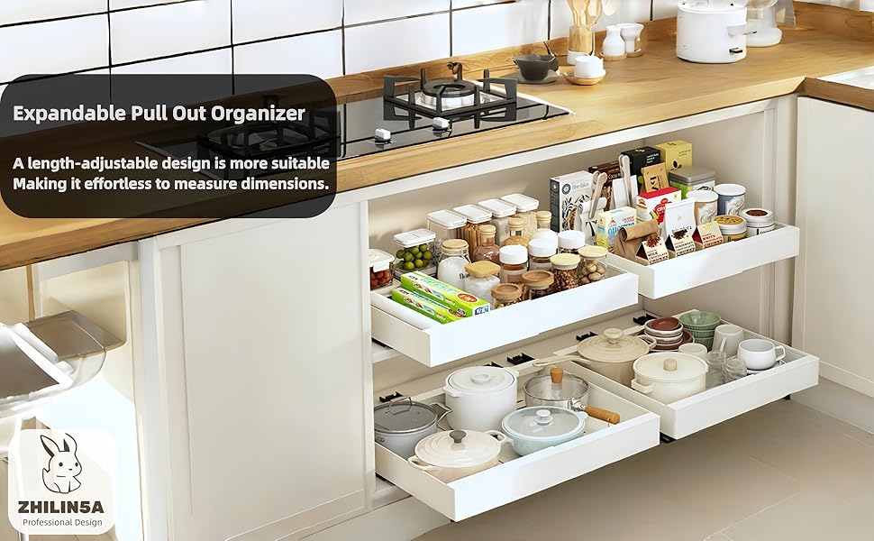 Pull out Cabinet Organizer, Expandable(12.6"-20.5"), 20.5" Deepy Slide out Drawers Fixed with Adhesive Nano Film for Pots, Roll out Shelf Storage for Kitchen (White_20.5''Deep)