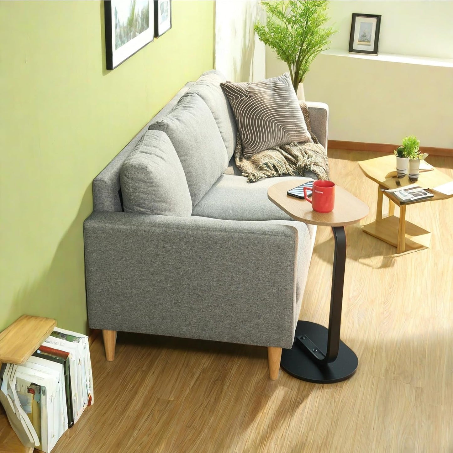 Side Table 63 cm High Sofa Side Tables Small Table Living Room Wood Side Table C-shaped for Sofa Couch Bed Living Room Table Small Oval Side Table Black and Beech 45 x 30 x 63 cm