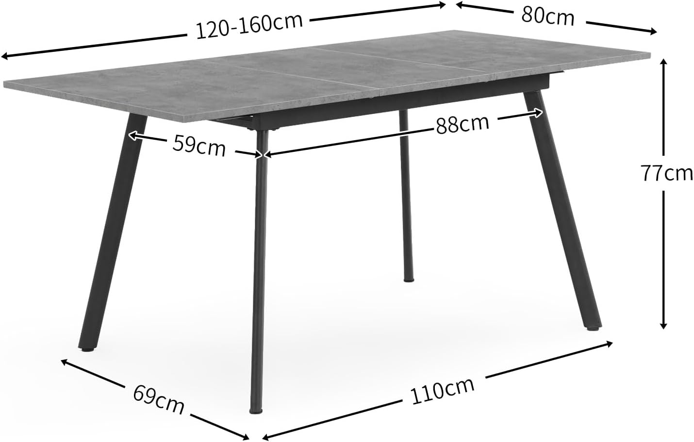 Dining Table, Extendible 120-160 x 80 cm, for 4-6 People, Wooden Kitchen Table with Metal Frame for Dining Room, Kitchen, Scandinavian Modern Design, Concrete Look, 11201-BETO