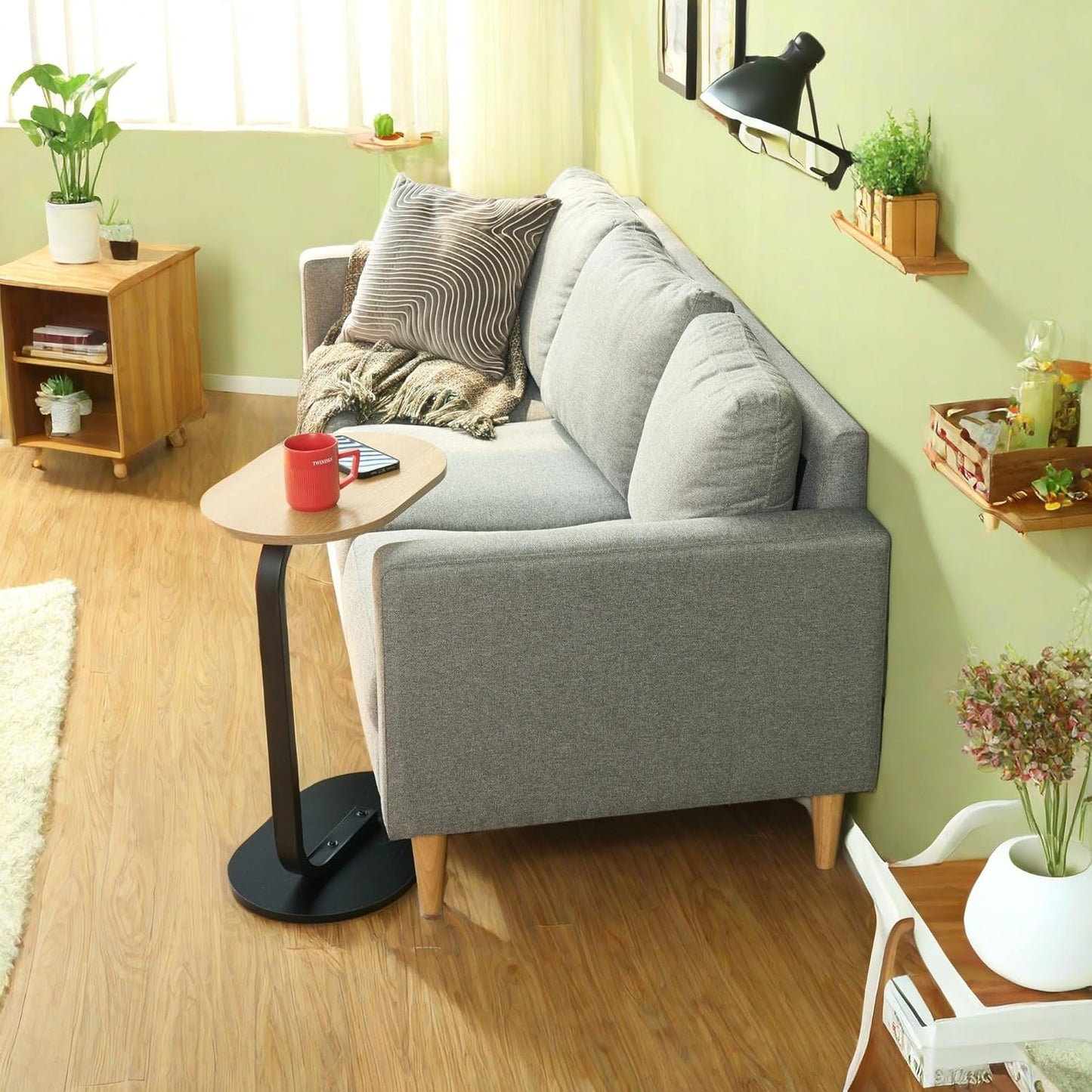 Side Table 63 cm High Sofa Side Tables Small Table Living Room Wood Side Table C-shaped for Sofa Couch Bed Living Room Table Small Oval Side Table Black and Beech 45 x 30 x 63 cm