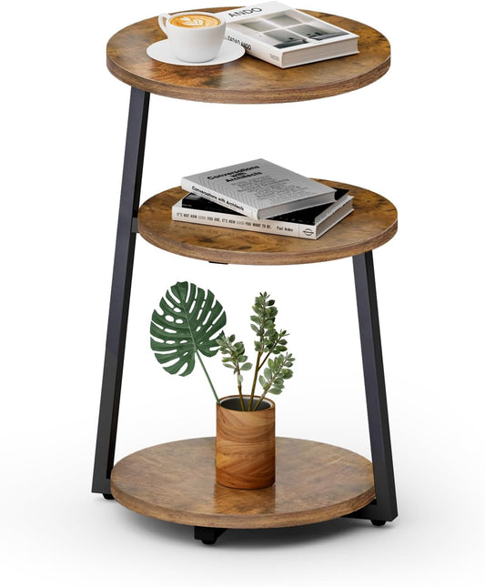 Round Side Table, 3-Tier Shelves, Wooden Side Table with Metal Frame, Small Table, Living Room for Living Room, Bedroom