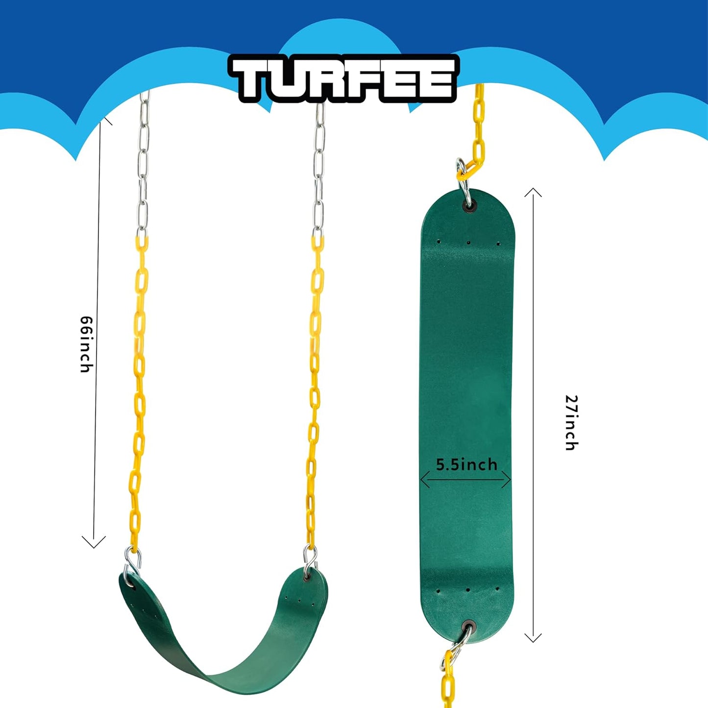 TURFEE 3 Pack Green Swing Seats Heavy Duty with 66" Chain, Swing Set Accessories Replacement with Snap Hooks for Kids Outdoor Play Playground, Trees, Backyard (Limit 300lb)