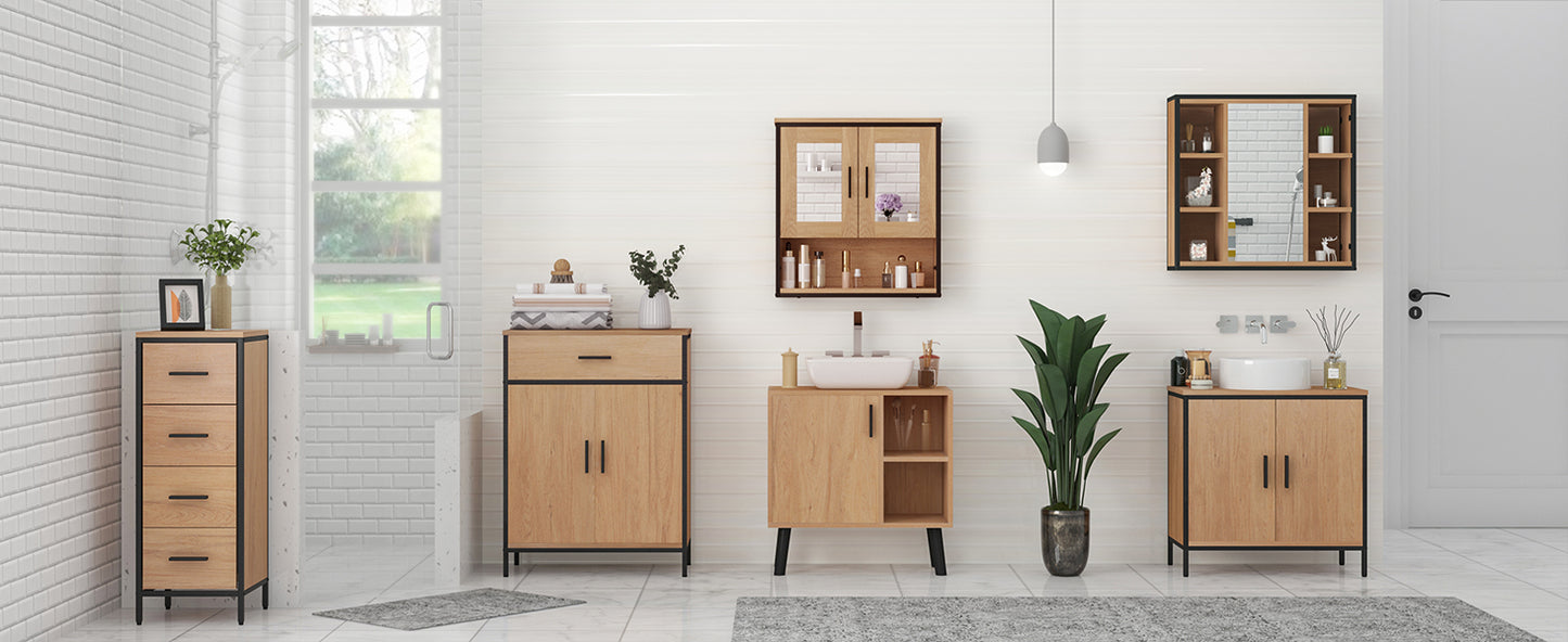 Bathroom Furniture Set, Bathroom Cabinet with Height-Adjustable Divider, Bathroom Cabinet with 2 Mirrors, Chest of Drawers with 4 Drawers, Side Cabinet, Made of Wood Material, Light Oak Black