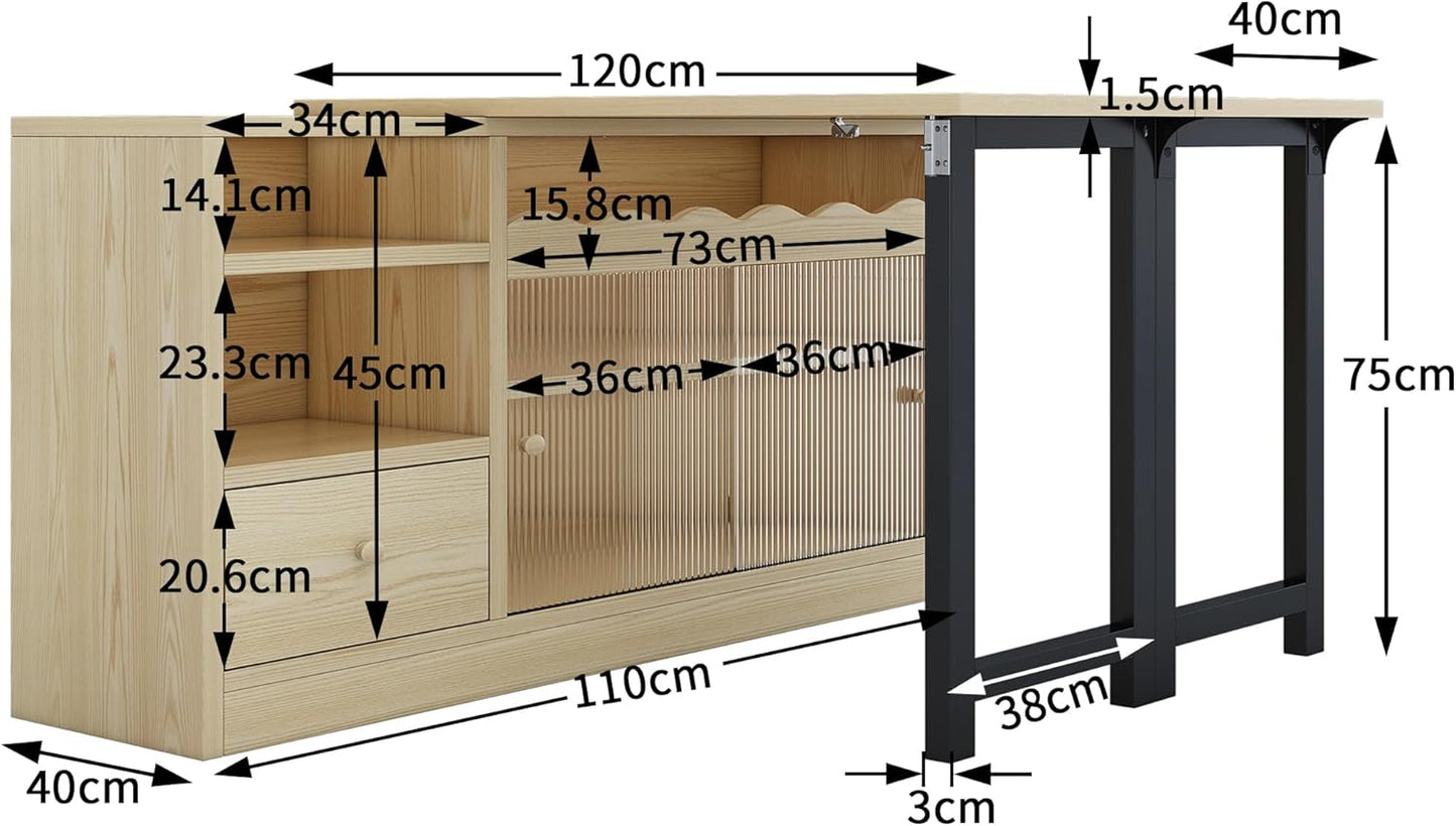 Extendable Folding Dining Table with Storage Space, Modern Movable Dining Table, Folding Dining Table with Large Storage Space, 360° Rotation, Natural + Black