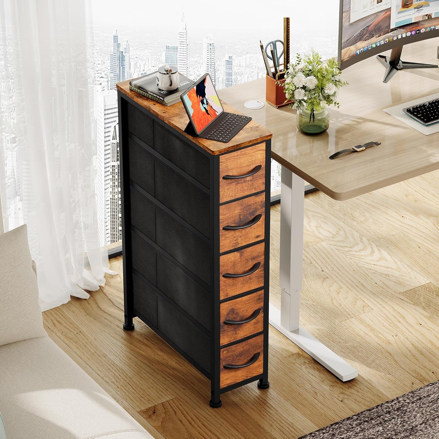 Narrow Dresser Storage Tower with 5 Drawers, Slim Dresser Chest of Drawers with Steel Frame, Wood Top, Dresser for Bedroom, Bathroom, Small Spaces, Laundry, Closet, Rustic Brown