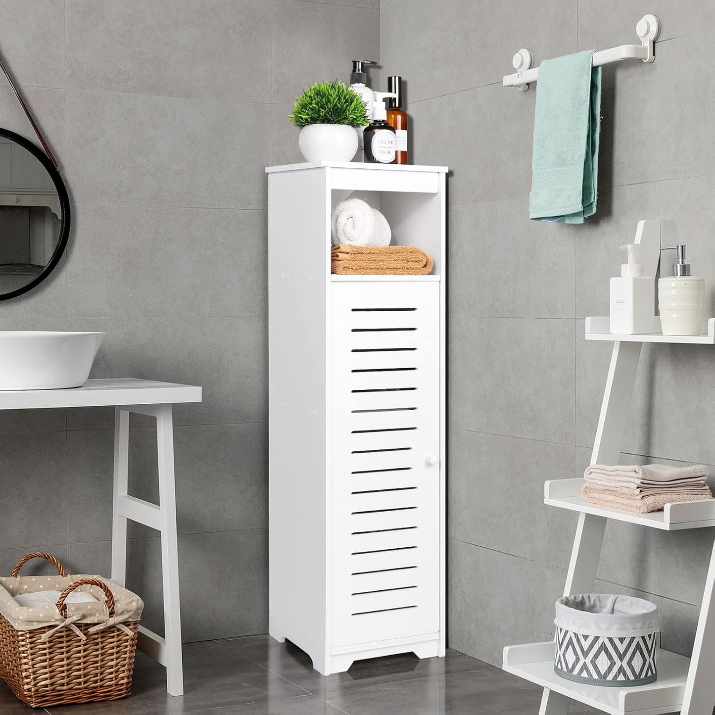 Bathroom Floor Cabinet 1 Tier Single Door Freestanding Storage Organizer Hallway Entrance Cabinet Narrow Bathroom Shelf for Living Room Kitchen White