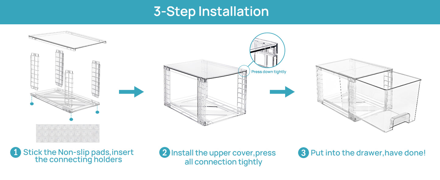 Vtopmart 4 Pack Clear Stackable Storage Drawers,Easy to Assemble Bathroom Organizers and Storage with handles,Plastic Drawers for Kitchen Pantry,Cabinet,Under Sink Organization