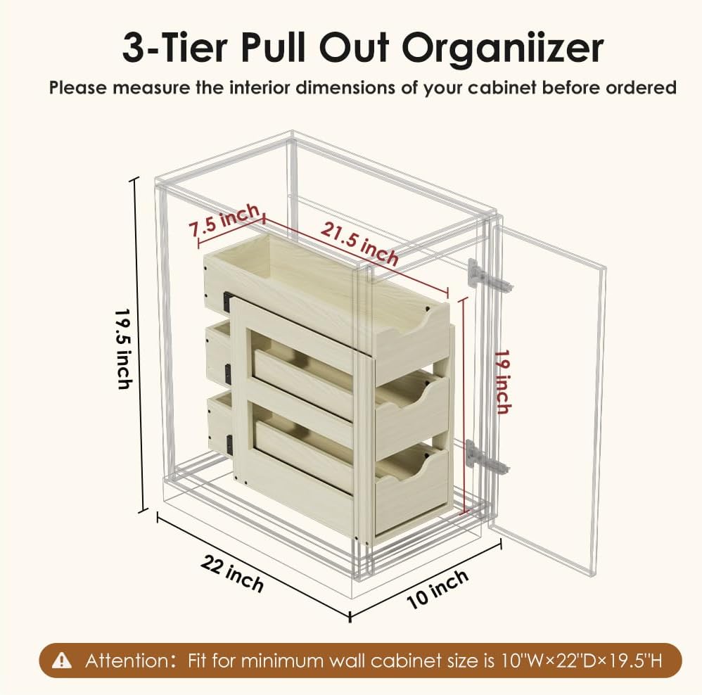 Adjustable Height Wood Pull Out Organizer 7.5” W × 21.5” D Smooth Pull Out Drawers for Cabinets 3 Tier Slide Out Drawers for Kitchen Cabinets Under Sink Wood