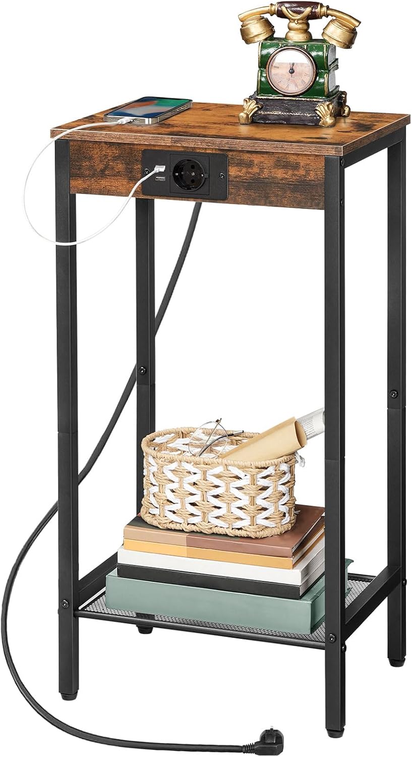 Side Table with Charging Station, Telephone Table High with Mesh Shelf, Narrow Bedside Table with Socket for Living Room, Bedroom, Vintage Brown and Black