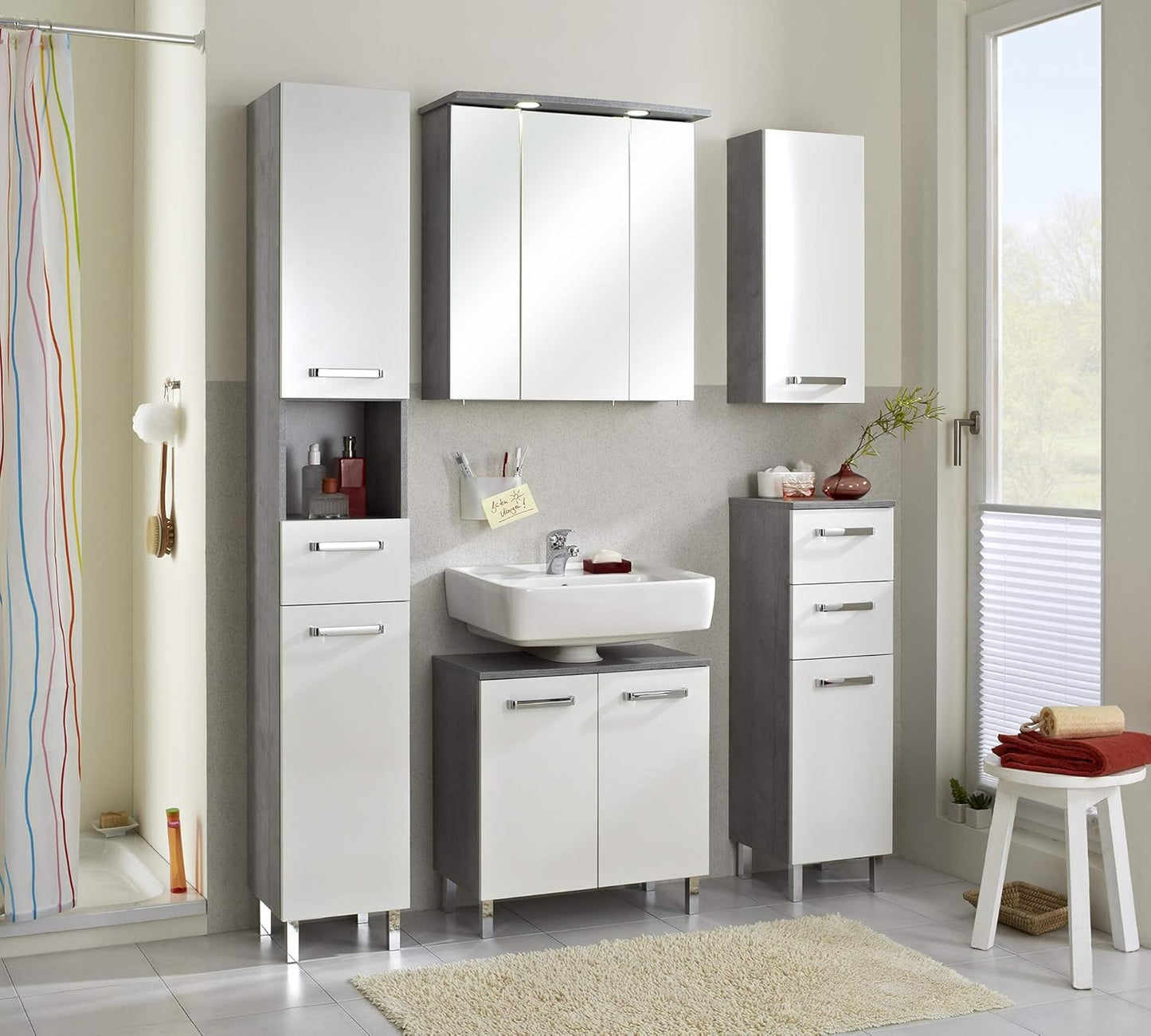 Bathroom Cabinet in White Gloss / Concrete Look, 30 cm Wide, Base Cabinet with 1 Door, 2 Drawers and 1 Shelf