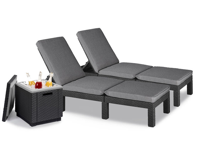 Allibert Daytona Rattan Wicker Look Cool Box Ice Cube – Set of 2 Graphite Sun Lounger with Cushion