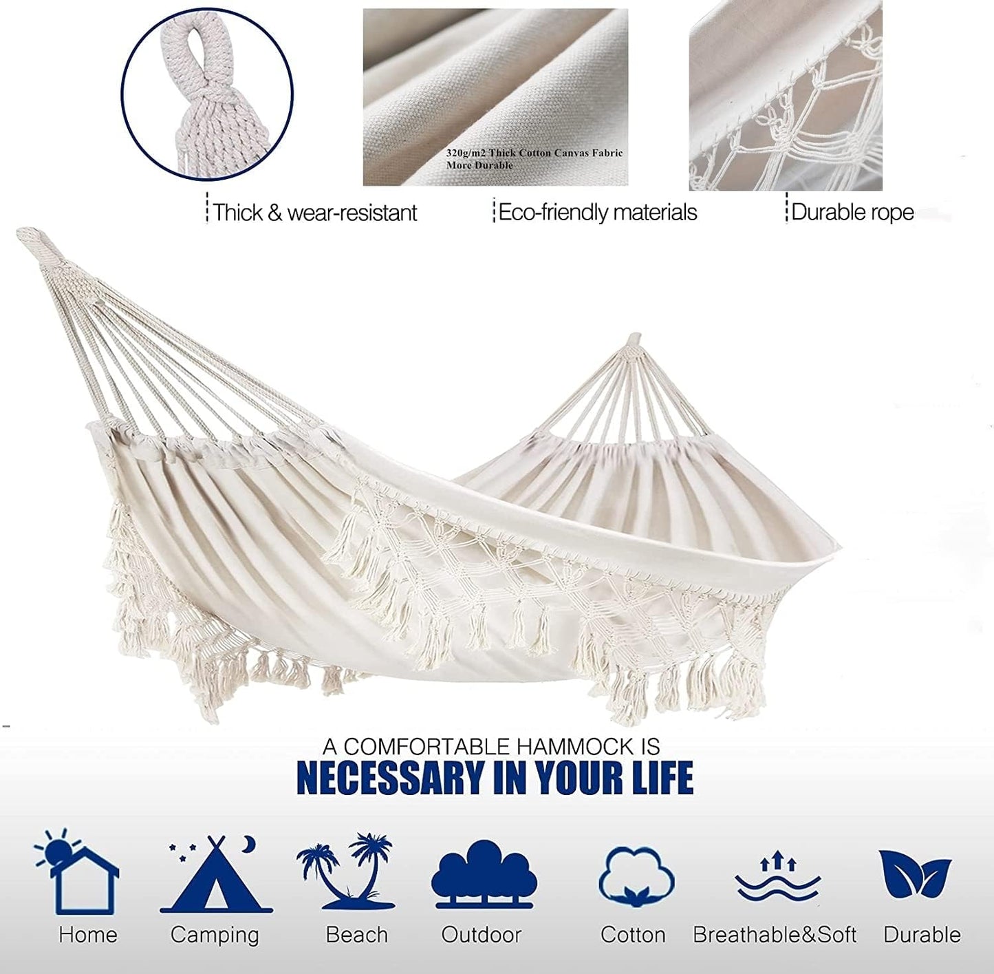 Outdoor Hammock Garden Hammock Cotton Hammock Bed Macrame Fringe Hammocks Boho Balcony Hammock Handmade Tassels 2 Person Double Hammock 250 kg for Home Beach Patio