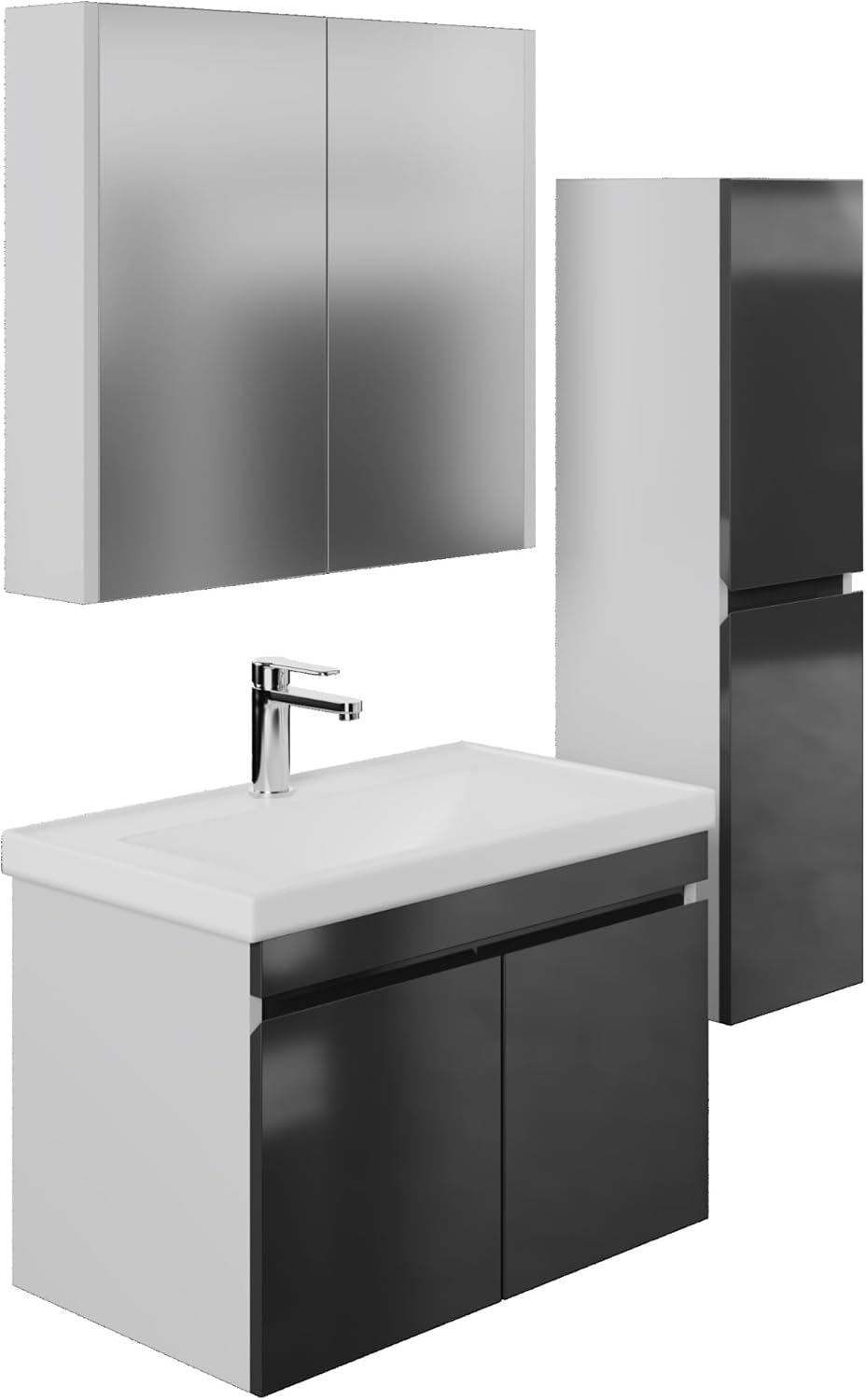 Bathroom Furniture Set, Anthracite, Ceramic Sink, Base Cabinet, Mirror Cabinet, Soft Close Doors & Invisible Handles, Futuristic Style, Bathroom Furniture, Vanity Unit