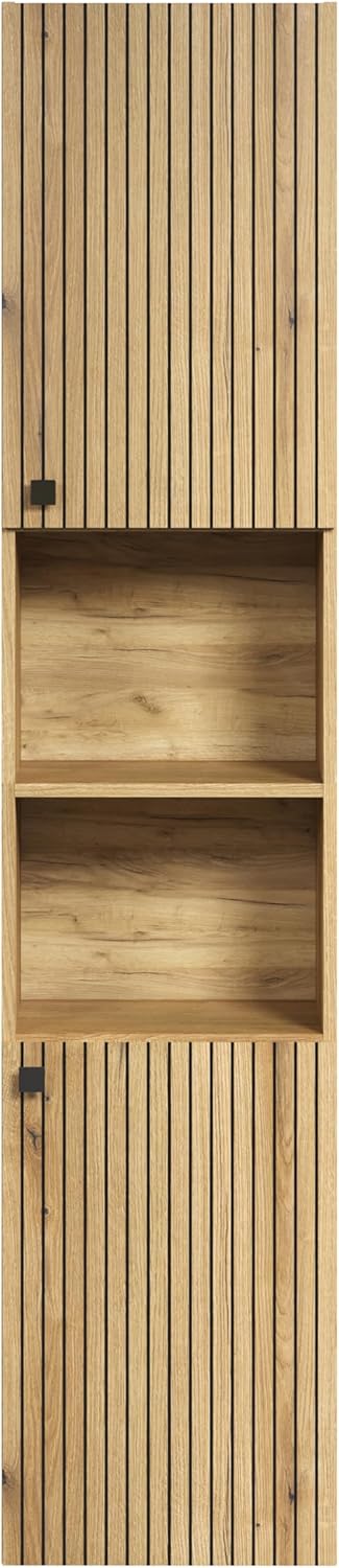 trendteam smart living - PureBliss 233710142 Tall Cupboard - Bathroom - Dimensions (W x H x D) 40 x 186 x 31 cm - Colour Evoke Oak with Black Grooves