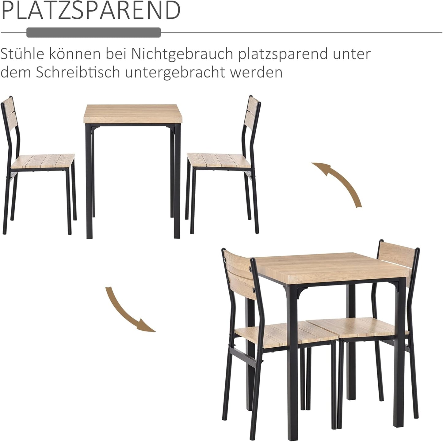 3-piece dining set, dining table set, MDF wood table with natural wood grain, metal and black with 1 table and 2 chairs.