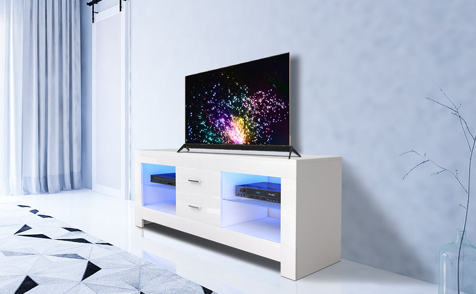 TV Lowboard, TV Sideboard with LED Lighting & Drawers, High Gloss TV Storage Unit, 130 x 50 x 35 cm, White