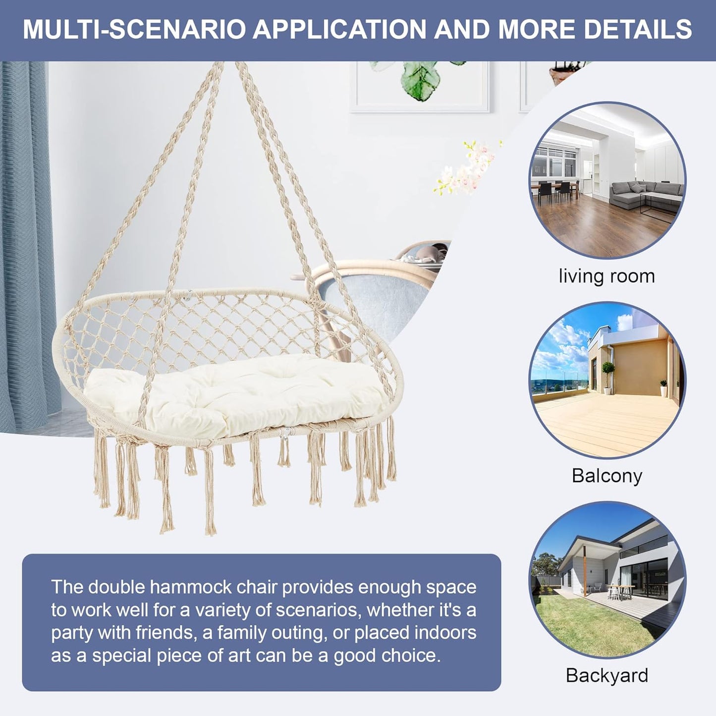 Hammock Chair Macrame Hanging Swing with Cushion,Hanging Cotton Ropes, Metal Frame, 450 lbs Capacity Indoor Outdoor, Patio, Balcony, Living,Deck, Yard, Garden(Double Swing) Beige