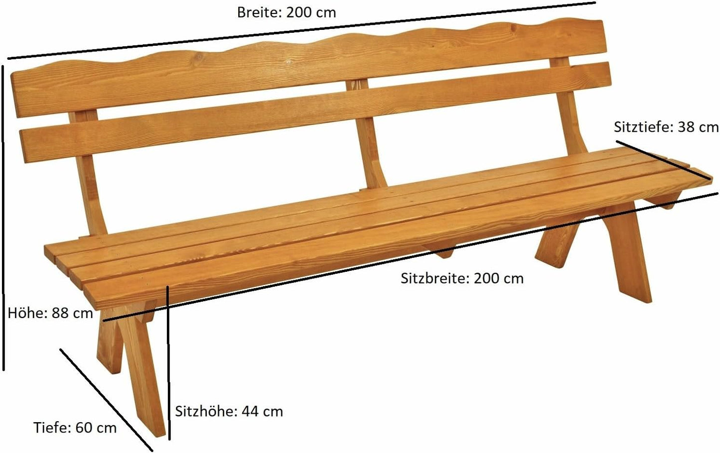 Freital Garden Bench XXL 4-Seater 200 cm Solid Pine Wood Light Varnished Stable Outdoor