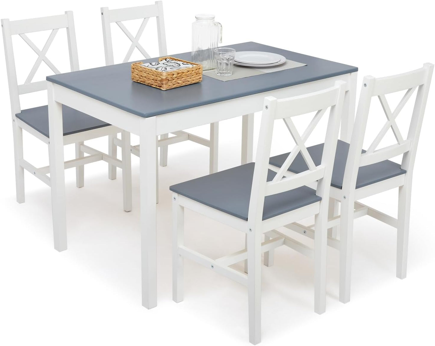 Esstisch mit 4 Stühlen, Essgruppe Esszimmergarnitur Massiv Holztisch Klassischer Stil für Esszimmer küche, 108 x 65 x 73 cm, Blau