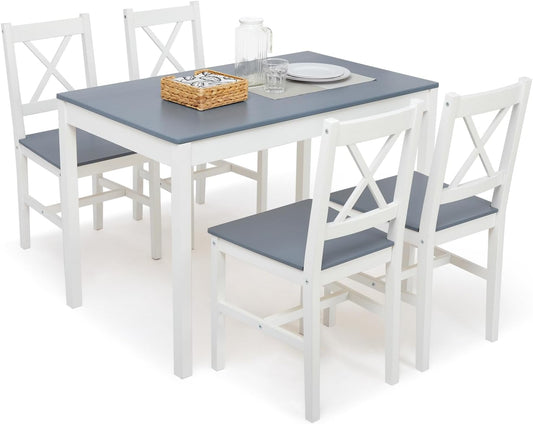 Esstisch mit 4 Stühlen, Essgruppe Esszimmergarnitur Massiv Holztisch Klassischer Stil für Esszimmer küche, 108 x 65 x 73 cm, Blau