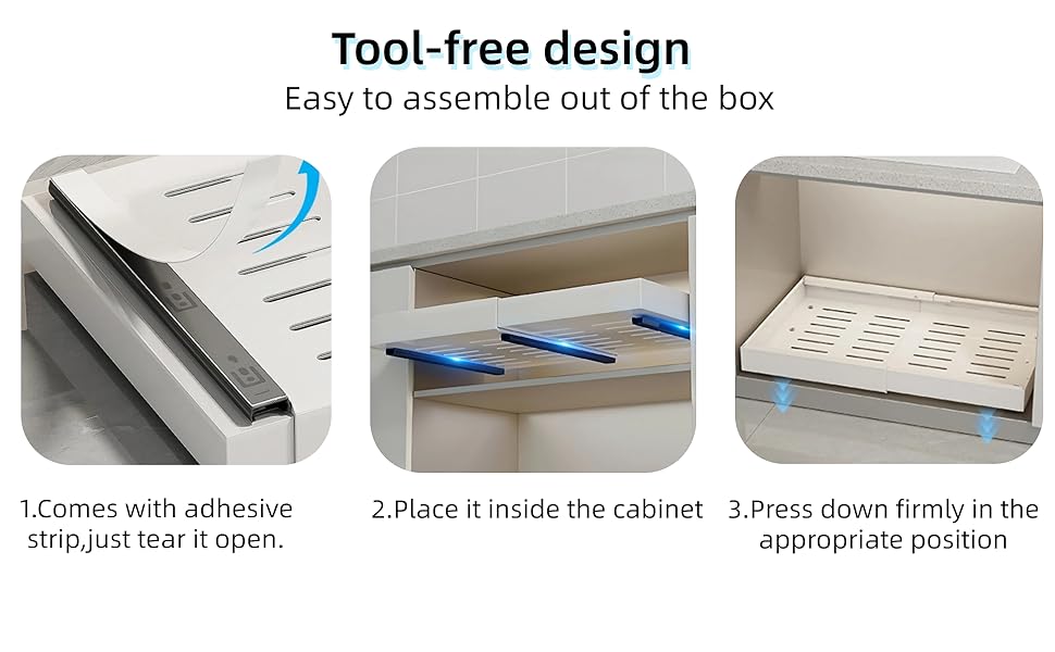 Pull out Cabinet Organizer, Expandable(12.6"-20.5"), 20.5" Deepy Slide out Drawers Fixed with Adhesive Nano Film for Pots, Roll out Shelf Storage for Kitchen (White_20.5''Deep)