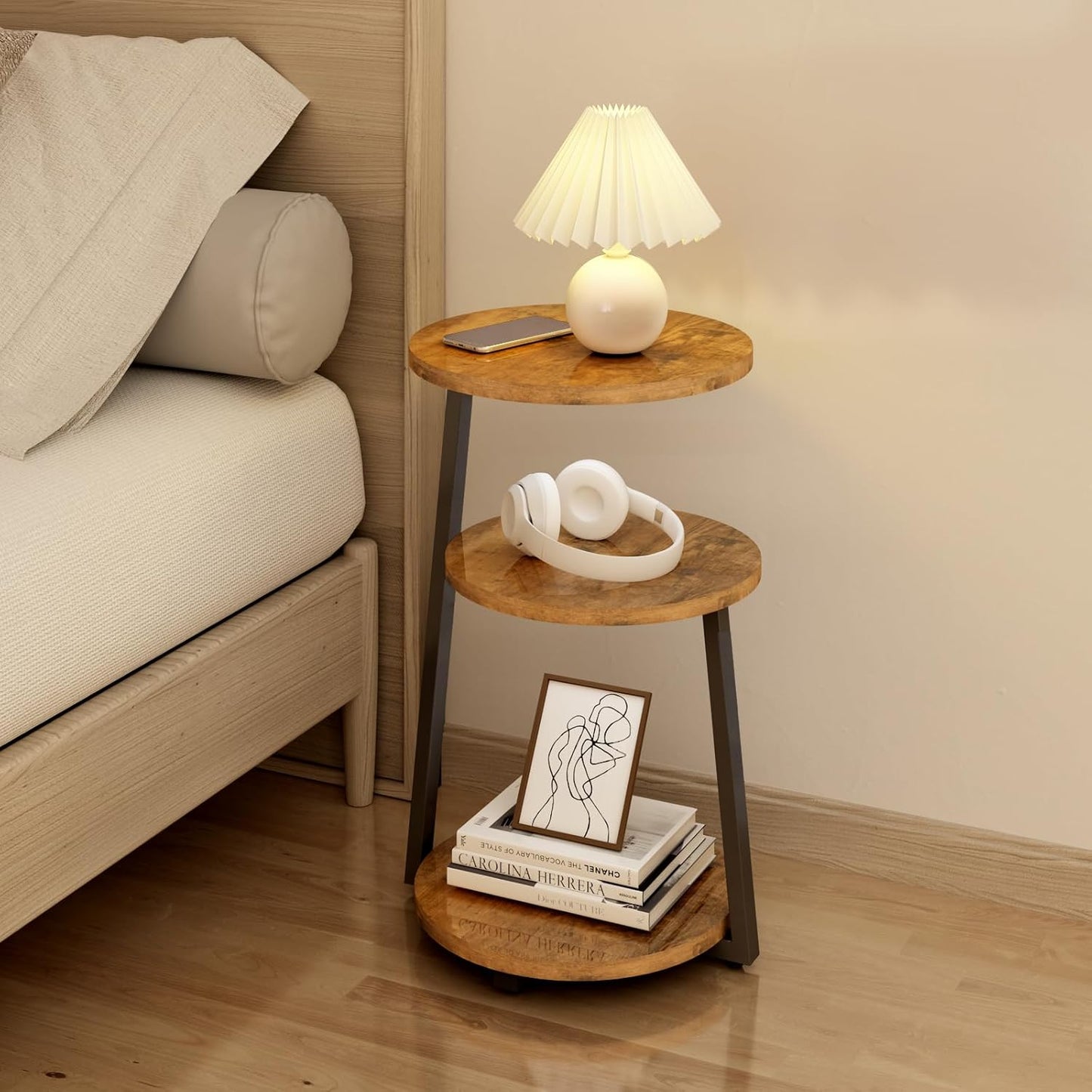 Round Side Table, 3-Tier Shelves, Wooden Side Table with Metal Frame, Small Table, Living Room for Living Room, Bedroom