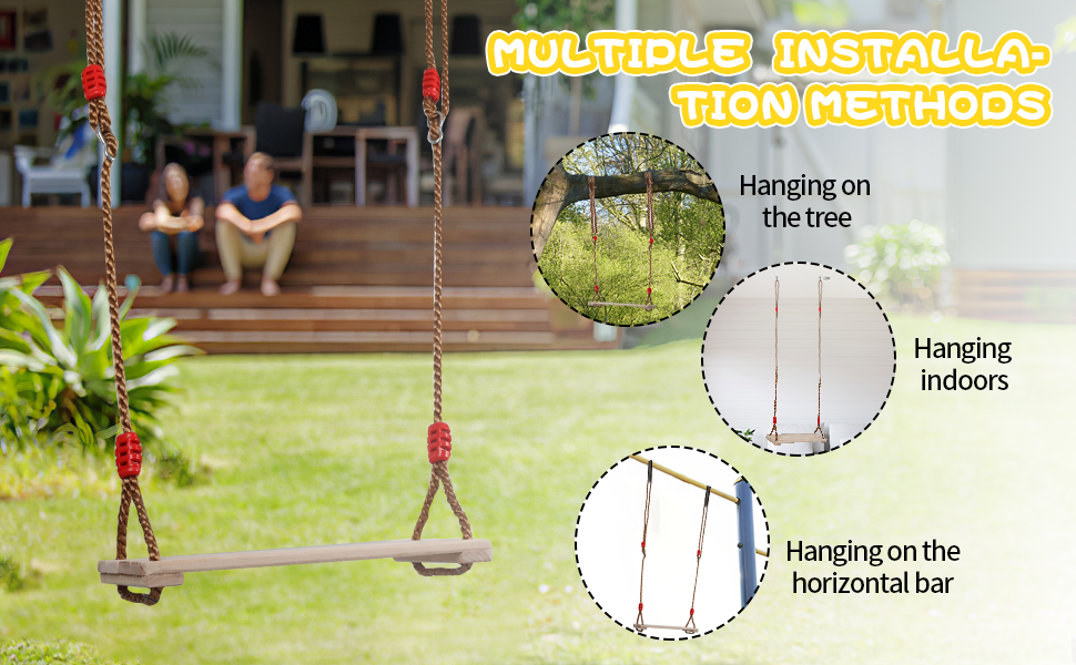 Ulikey Wooden Swing Seat, Children's Swing Can Hold 150 kg, Outdoor Swing for Adults, Garden Swing, Board Swing Made of Wood with Height Adjustable Rope for Outdoor Use