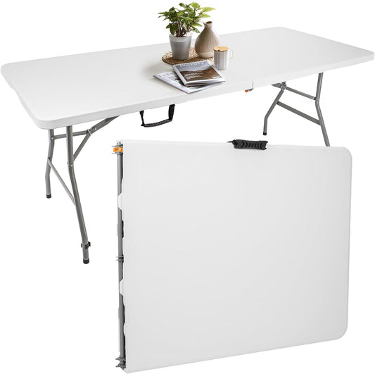 Folding Table with Handle for Carry, Beer Table, Garden Table, Dining Table, Buffet Table with Carry Handle, Rattan Look, 180 x 75 cm, White, Smooth