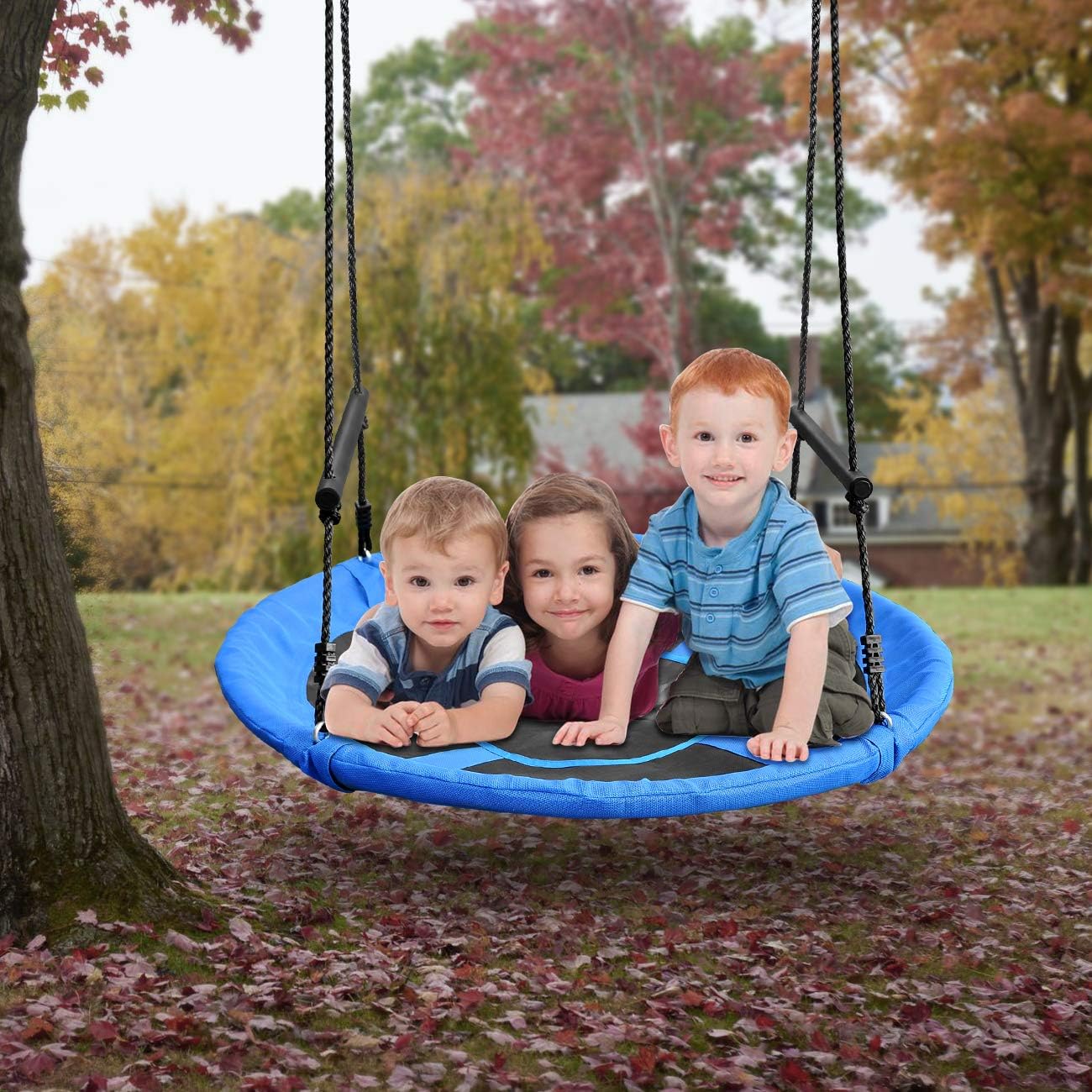 Saucer Tree Swing 46 Inch, 800 lb Weight Capacity Outdoor Swing with Tree Strap, Textliene Fabric Waterproof Steel Frame and Carabiner for Playground and Backyard, New Year Day Gifts (Blue)