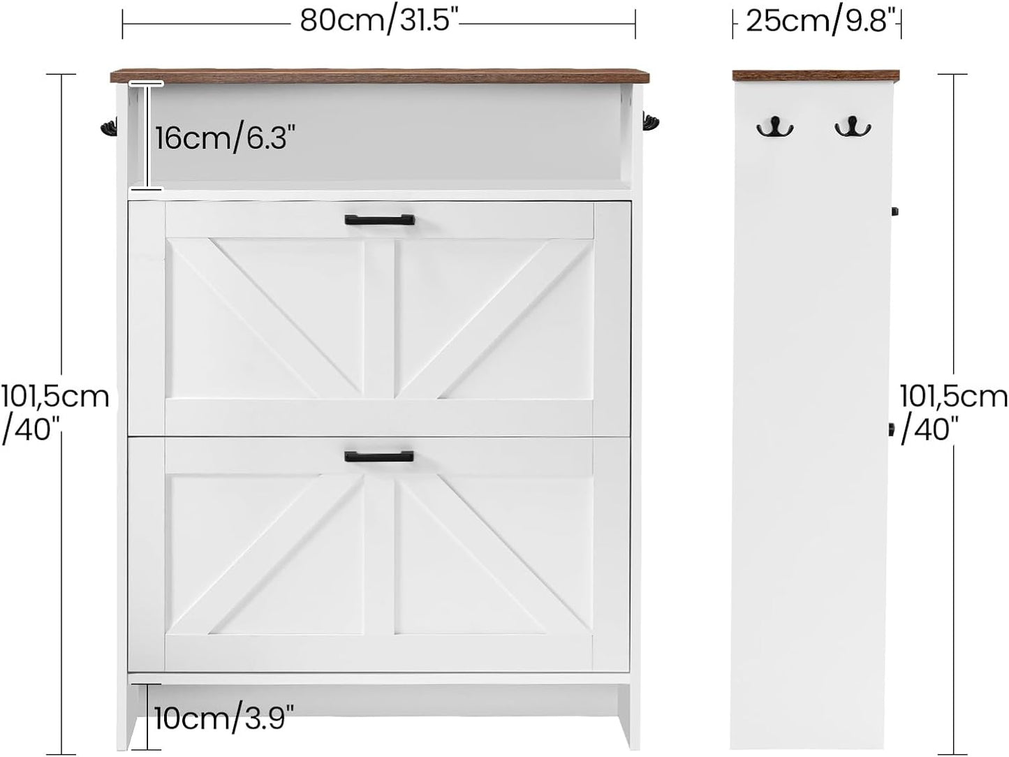 Shoe Cabinet with 2 Flip Drawers, Shoe Storage Cabinet for Entryway, Freestanding Shoe Cabinet Organizer with Hooks and Open Storage, Farmhouse Shoe Rack Cabinet, White Rustic Brown MSC02WL