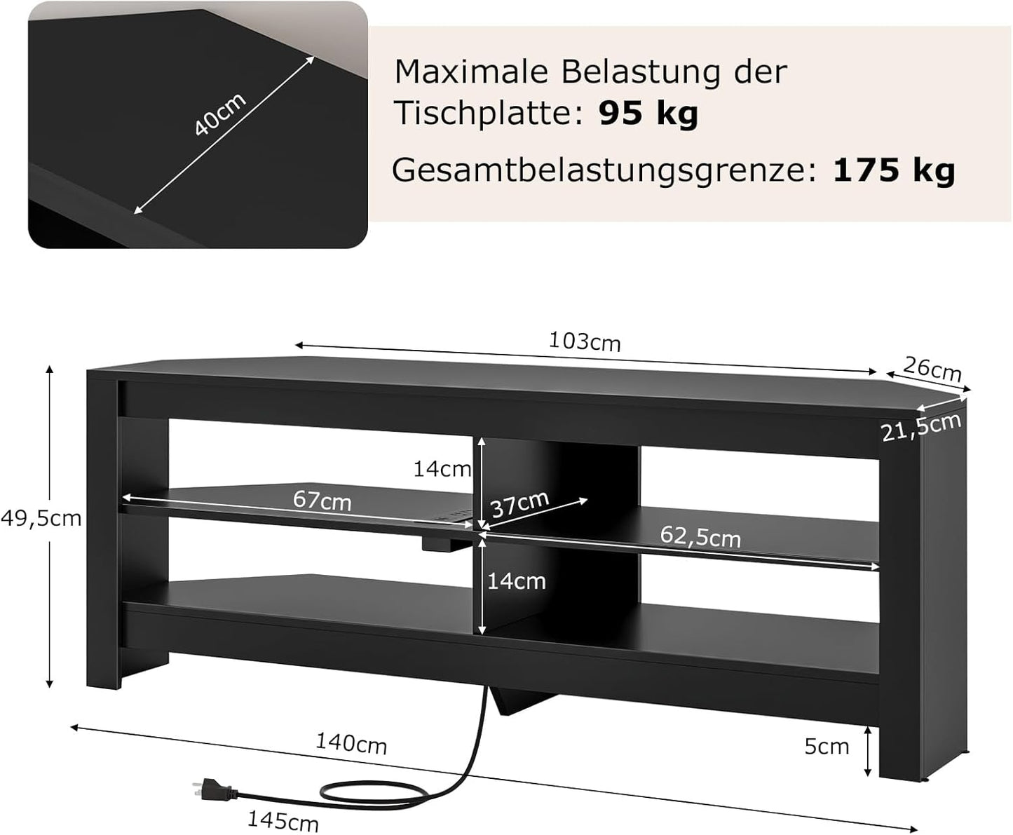 Corner TV Cabinet with Charging Station, TV Lowboard with 4 Open Shelves, TV Cabinet for TVs up to 65 Inches, TV Stand for Living Room, Bedroom, 140 x 40 x 49.5 cm, Black