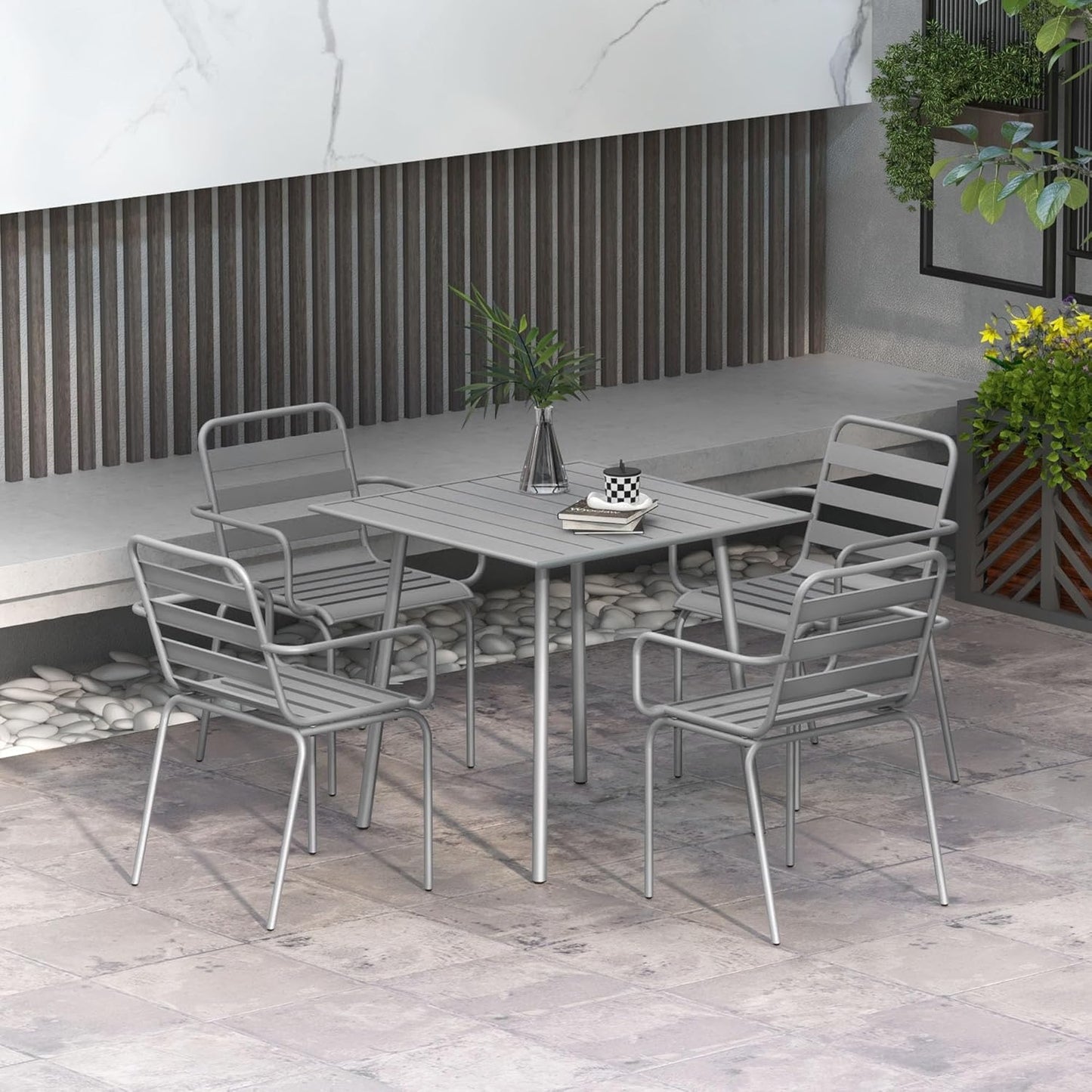 5-Piece Garden Furniture Set with 1 Dining Table 4 Stacking Chairs Garden Set for Balcony Patio Steel Light Grey