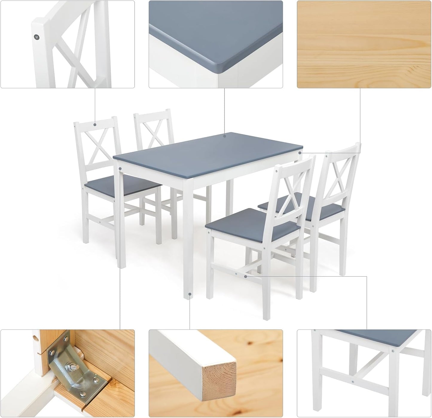 Esstisch mit 4 Stühlen, Essgruppe Esszimmergarnitur Massiv Holztisch Klassischer Stil für Esszimmer küche, 108 x 65 x 73 cm, Blau