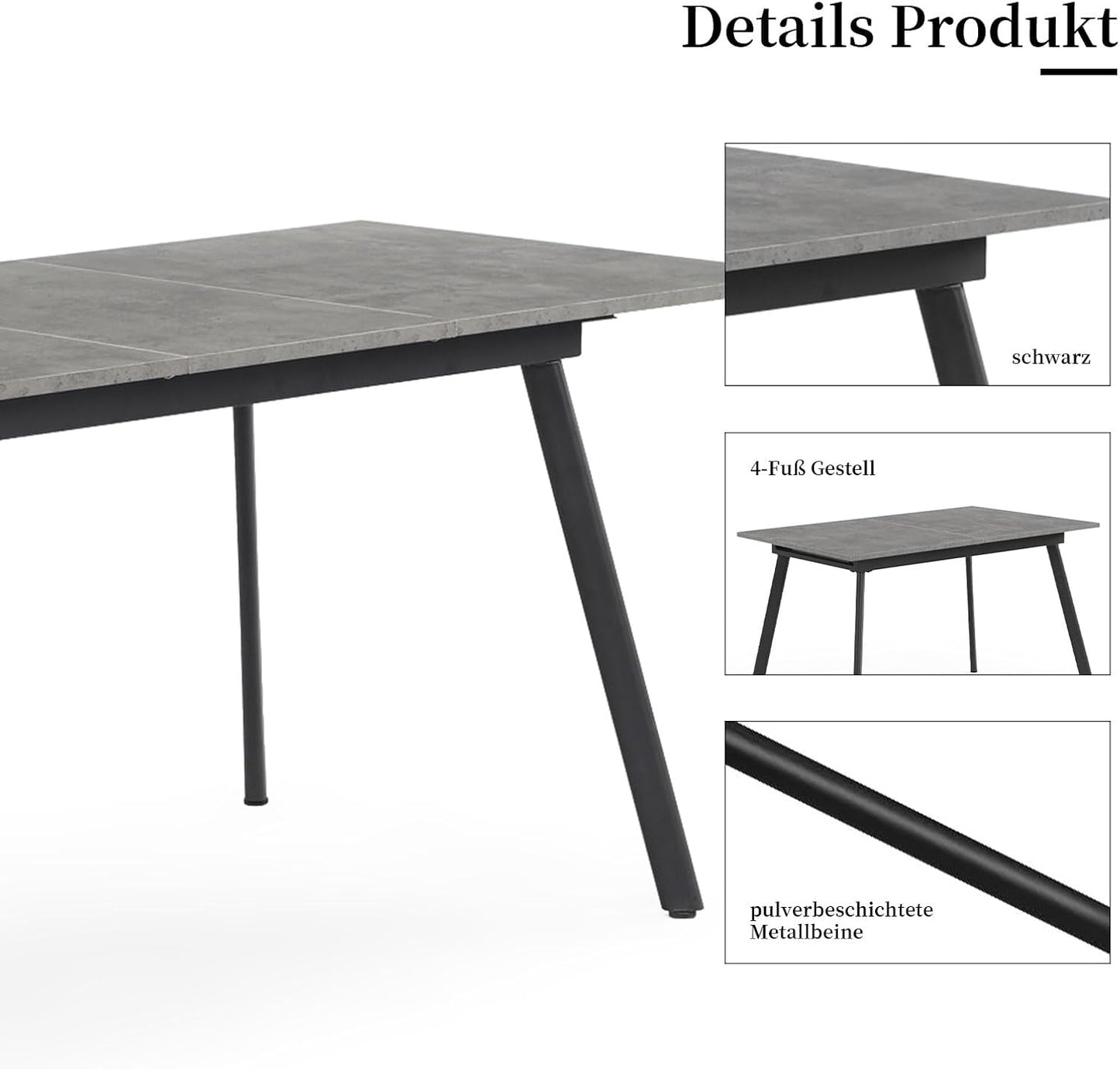 Dining Table, Extendible 120-160 x 80 cm, for 4-6 People, Wooden Kitchen Table with Metal Frame for Dining Room, Kitchen, Scandinavian Modern Design, Concrete Look, 11201-BETO