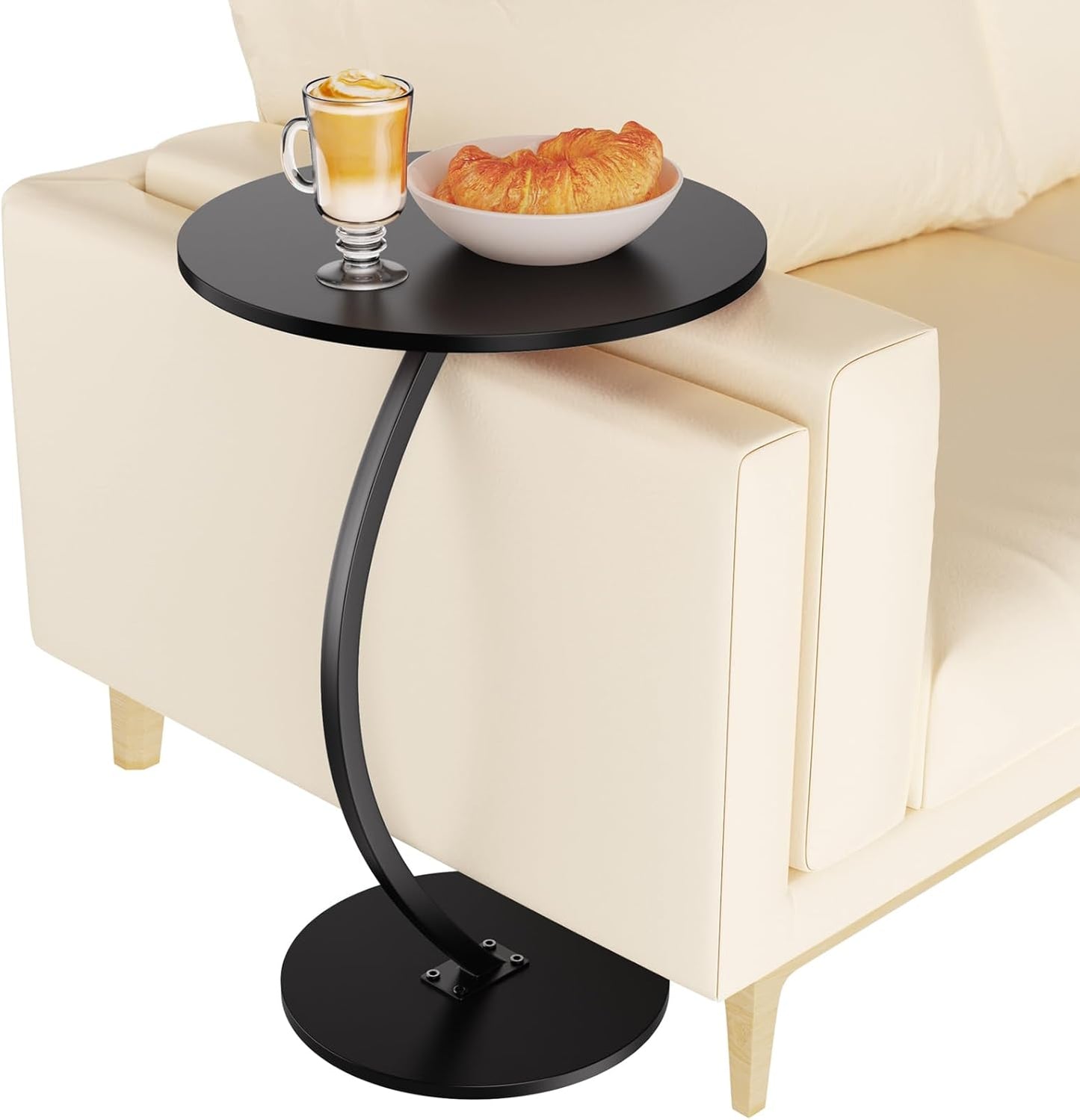 Side Table, Small Side Table, C Shape, Mobile Sofa Table, Living Room Table, C-Shape with Metal Frame, Round Table as Storage Surface for Sofa for Coffee and Laptop (Dark)