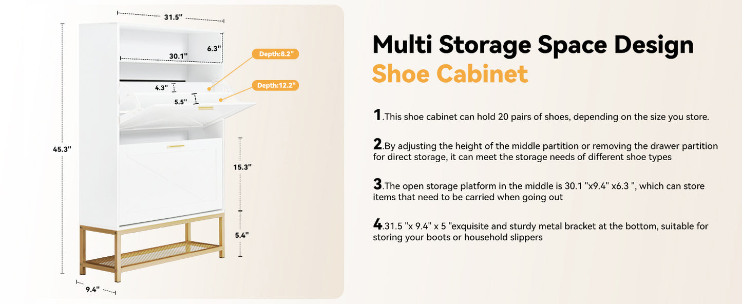 HOMREST Shoe Cabinet with 2 Flip Drawers,Freestanding Shoe Cabinet Organizer with Open Storage,Shoe Storage Cabinet for Entryway,Narrow Shoe Rack Cabinet with Metal Base, Beige