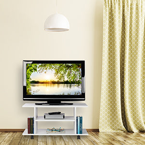 TV Board with Wheels, 4 Open Shelves, Mobile Coffee Table for Devices, CDs, DVDs, HBT 40 x 80 x 40 cm, White, Opulent Garden