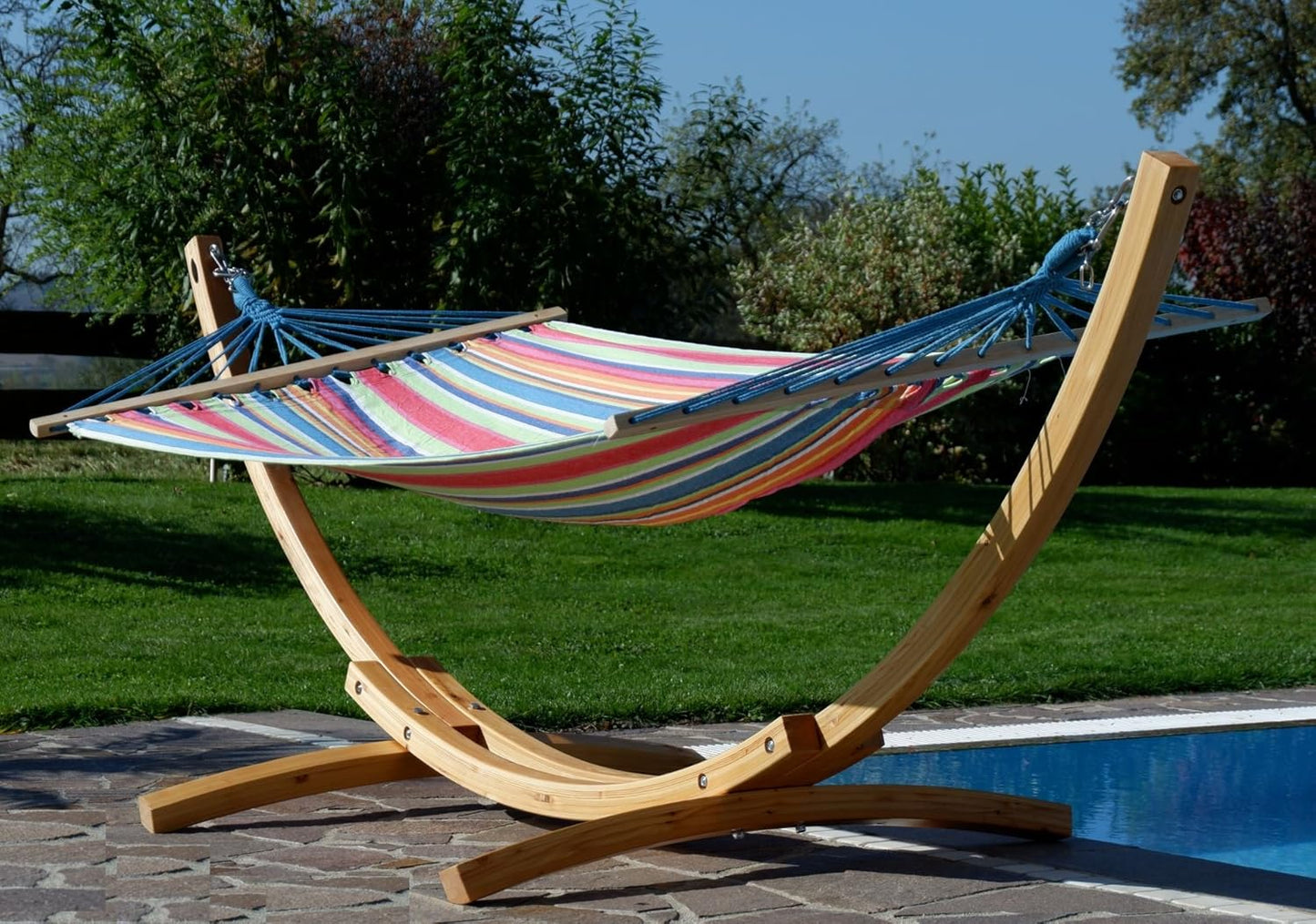 Blanca-Caleta Hammock Frame 320 cm with Natural Larch Wood Frame with Striped Bar Hammock