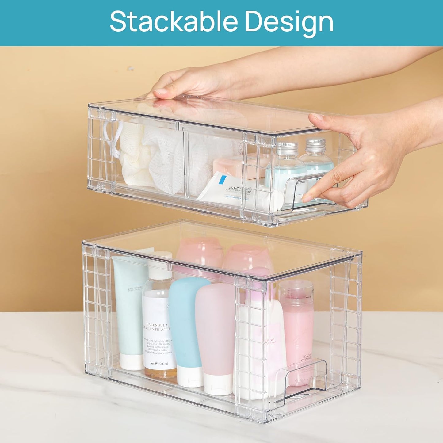 Vtopmart 4 Pack Clear Stackable Storage Drawers,Easy to Assemble Bathroom Organizers and Storage with handles,Plastic Drawers for Kitchen Pantry,Cabinet,Under Sink Organization