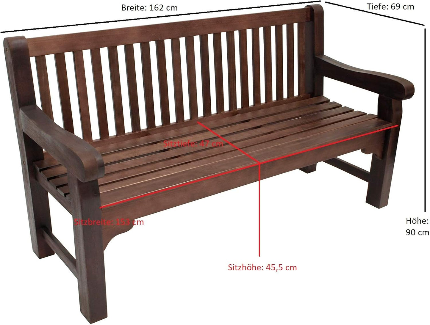 Bristol Garden Bench Park Bench 3-Seater Eucalyptus Colonial Style Dark Brown Extra Stable FSC® Certified Outdoor