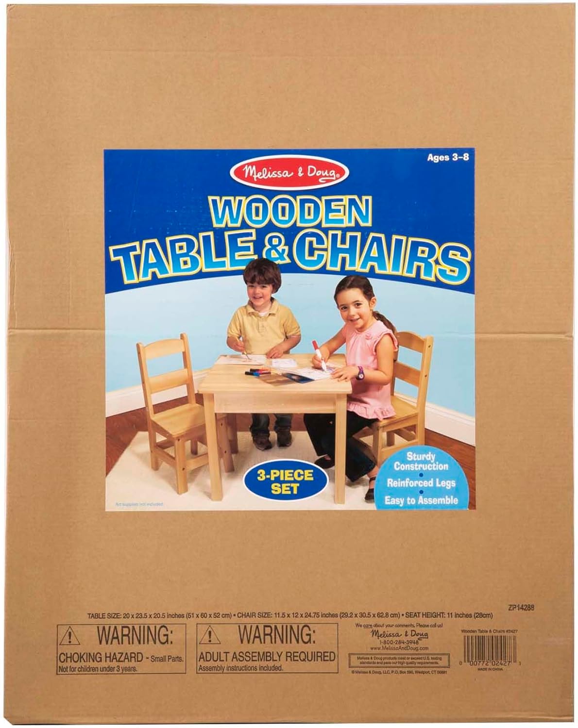 Melissa & Doug Solid Wood Table and 2 Chairs Set - Light Finish Furniture for Playroom