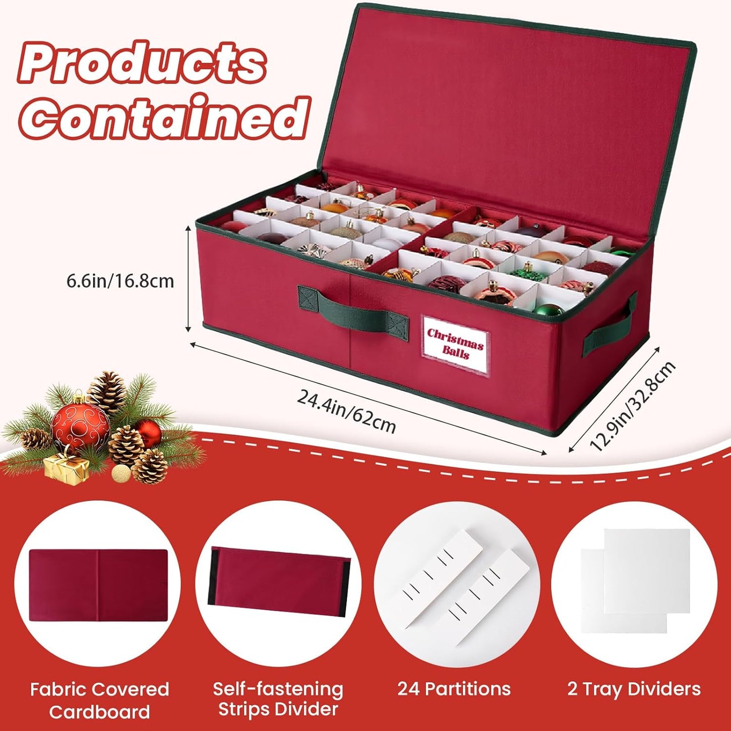 Christmas Ornament Storage Box Fit Balls (36 PCS 4’’ or 64 PCS 3”) with Adjustable Dividers, Cube Storage Containers Organizer, Stackable Storage Bins Dual Zipper, Handles, Visual Slot