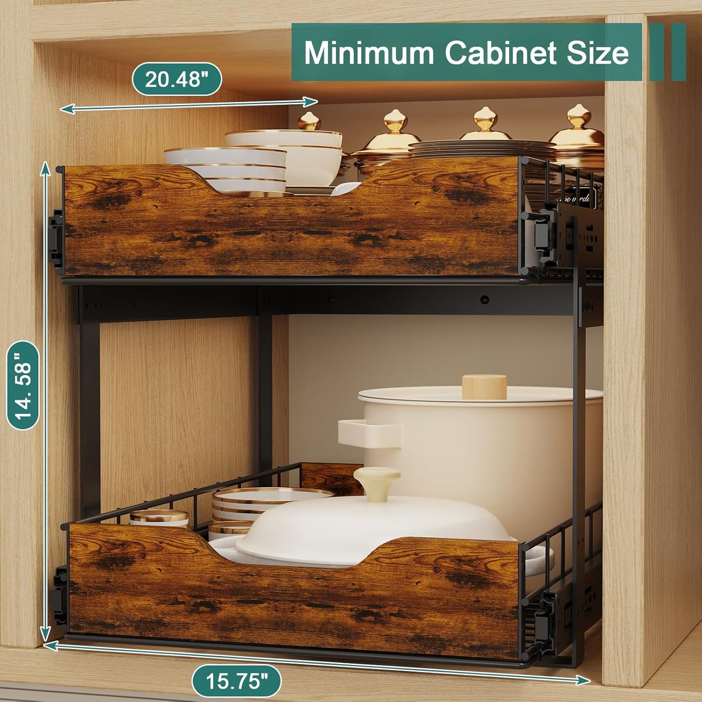 2 Tier Pull Out Cabinet Organizer 16" W X 21" D,Height Adjustable Slide Out Drawers for Kitchen Cabinets with Wooden Handle,Heavy-Duty Cabinet Pull Out Shelves for Pantry,Under Sink