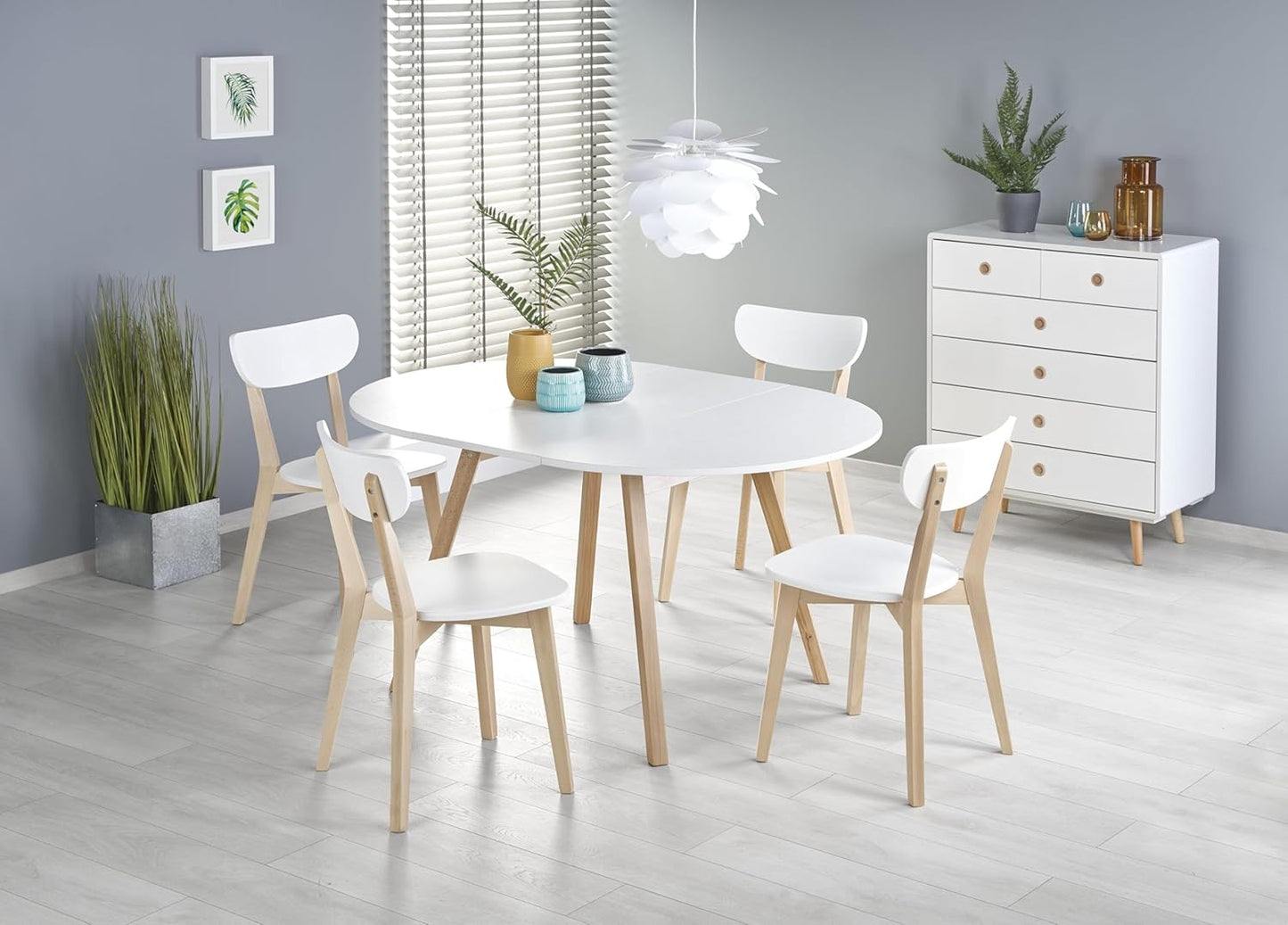 Dining Table Matte White Honey Oak Honey Round Extendible 102 to 142 cm