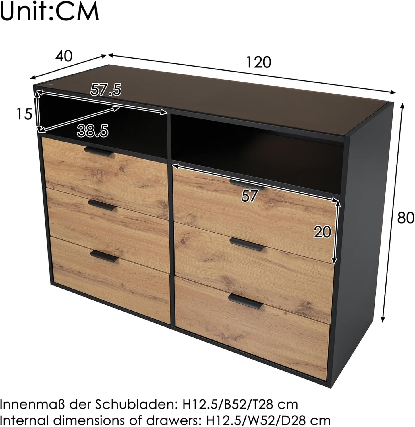 Cabinet Chest of Drawers Sideboard, Drawer Cabinet Lowboard with 6 Drawers Storage Space and Open Compartments for Bedroom, Furniture for Living Room, Children's Room, Kitchen, Hallway, 120 x