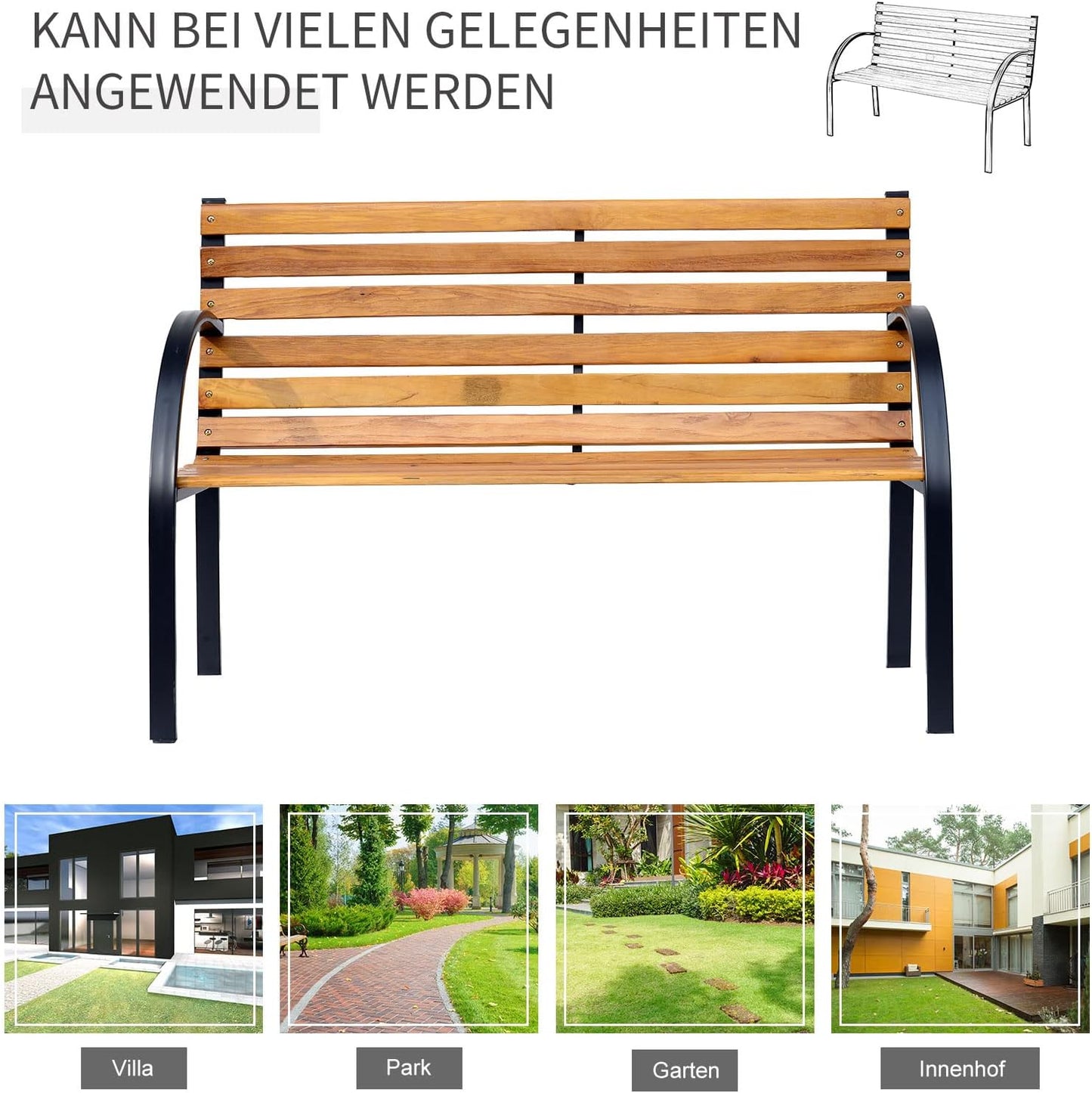 Garden Bench Seat Park Bench 2-Seater Garden Steel + Pine Wood Natural W 122 x D 60 x H 83 cm