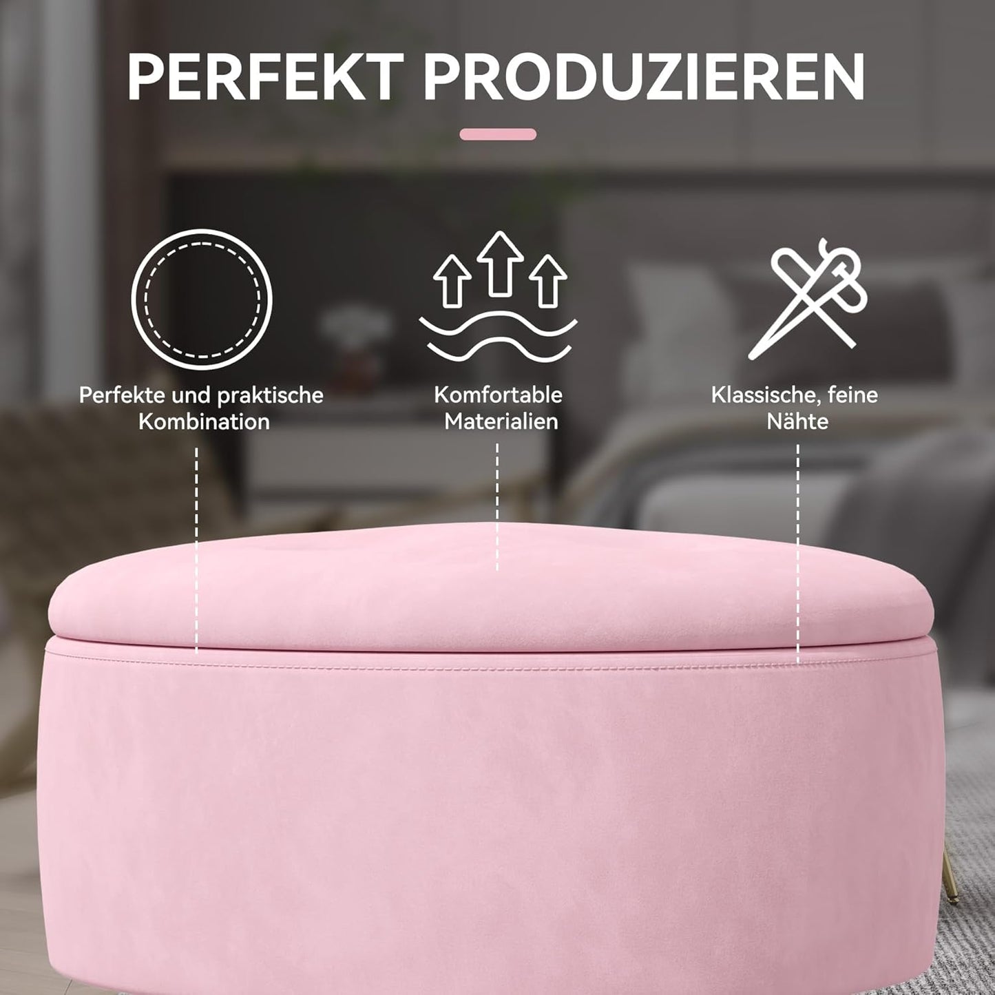 Stool with Storage Space Round Stool Dressing Table Stool Ottoman Round Padded Stool Removable Cover Metal Support Pink