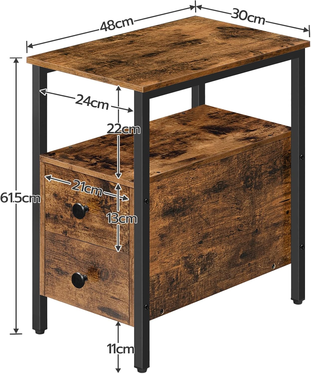 Beistelltisch, schmaler Nachttisch, Sofatisch Industrial, Nachtschrank mit 2 Schubladen, Nachtkommode Cochtisch für kleine Räume, Akzentmöbel in Holzoptik, Dunkelbraun EBF548BZ01G2